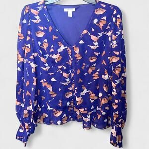 Nine West Bright Blue Floral Abstract V-Neck Semi-Sheer Sleeve Blouse - Size S